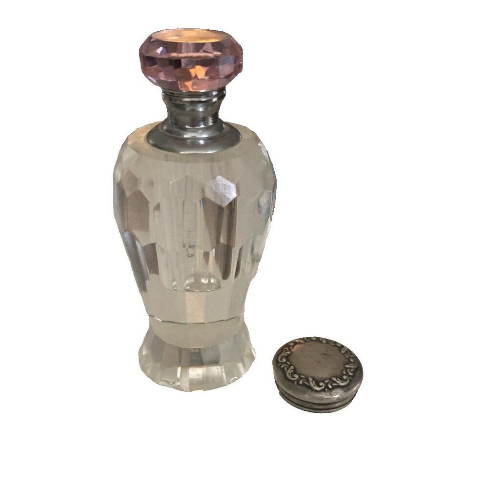 Antique C B & H Faceted Crystal Sterling Silver Lid Perfume Bottle Pink Stopper